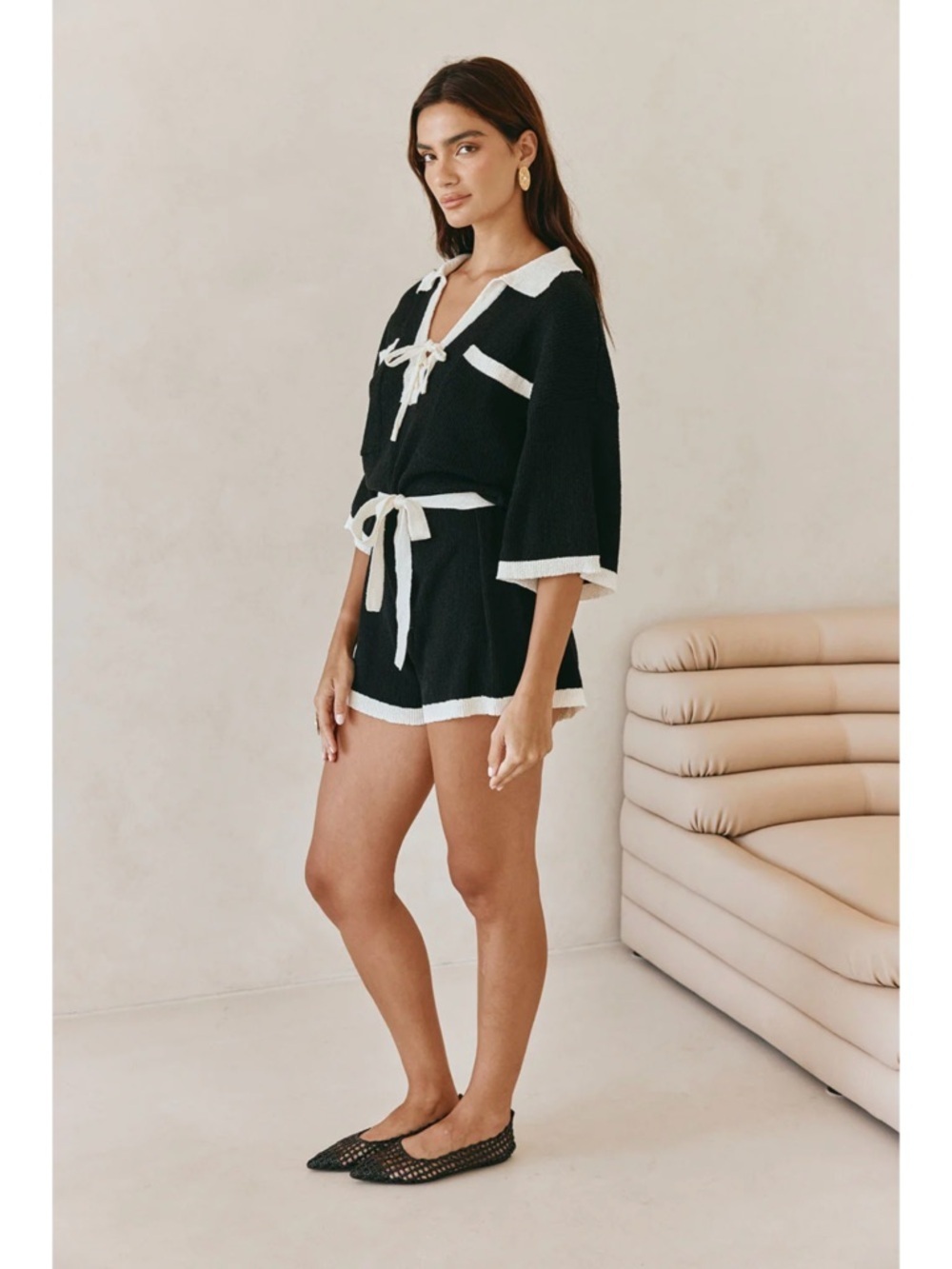 Sz XS Sabo Oversized Black & White Collar V Neck Sammi Playsuit Romper NWT - Picture 6 of 7